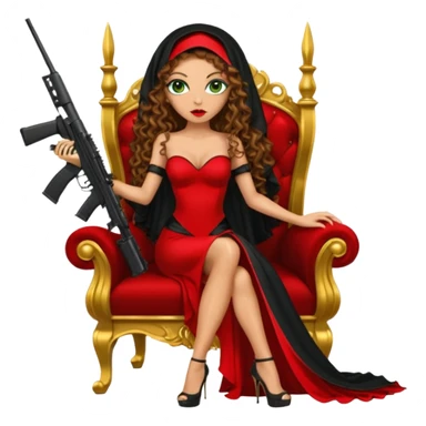 Drug dealer female green eyes symbol.  hair is brown curly long hair. sexy long with long red and black dress and mouth veil cover on that covers her mouth and neck only. black stiletto platform high heels shoes on. Holding sniper rifle sitting on a gold throne. sticker