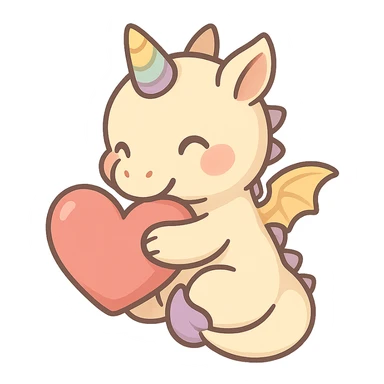 mythical emote showing care and affection, warm and friendly, small dragon or unicorn giving a hug or holding a heart, magical vibe, suitable for sending to a friend sticker