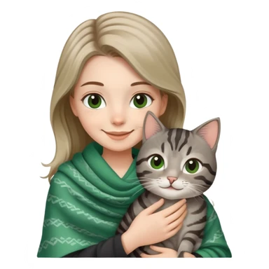 White girl wearing cute green shawl holding a black grey tabby cat while smiling sticker