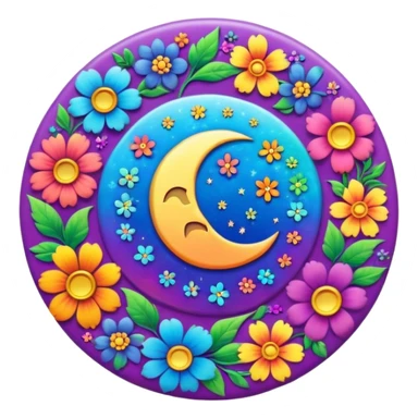 A round psychedelic colored button with a rainbow colored damask style moon and hippie flowers in the center sticker