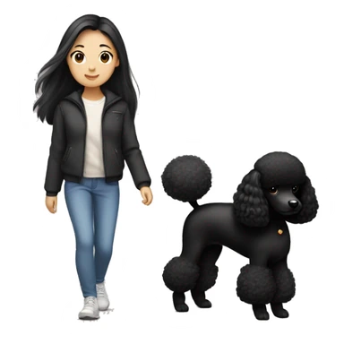 One Korean girl with black long straight hair with one black poodle is walking. sticker