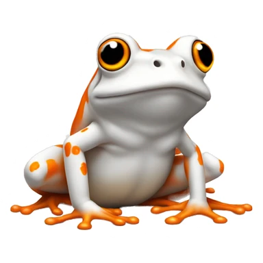 an orange frog with a white mark on its fur. the white mark should be in the shape of a flame, but there's no flame involved in the photo itself, just the shape of the fur sticker