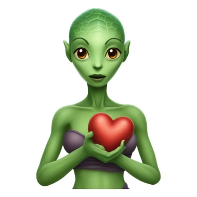 a Reptilian alien woman full body, holding big red heart sticker