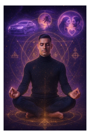 "Un uomo in meditazione fluttuante nello spazio cosmico, circondato da particelle dorate e simboli alchemici. Intorno a lui, oggetti e situazioni dei suoi desideri (auto, viaggi, amore) si materializzano come ologrammi luminosi. Stile cyber-mistico, colori viola e oro." sticker