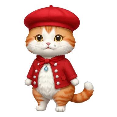 A cute cat emoji, full body, standing in side view, wearing a stylish red beret. sticker