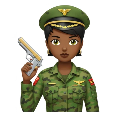 Dark skin Woman marine in green cammies with one handgun short black hair sticker