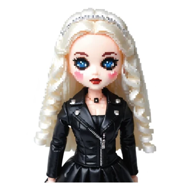 Chucky's bride doll wearing a black dress and black leather jacket, with dark makeup sticker