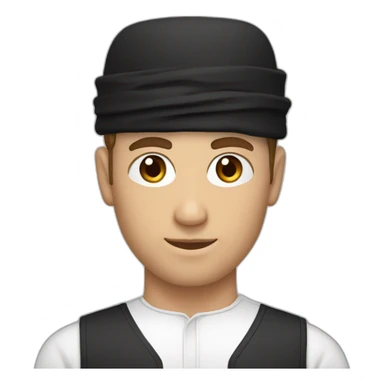 White man wearing black omani musar (head cover), with white top sticker