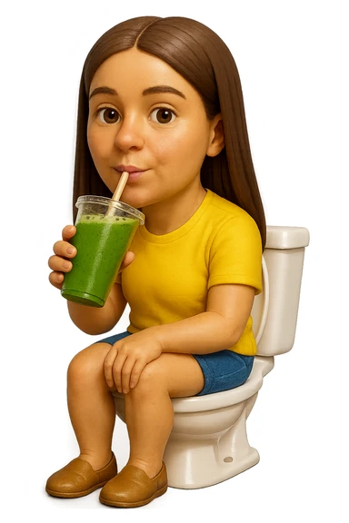 emoji stile iphone di una donna seduta sul wc che beve uno smoothies verde, iperrealistico 4k sticker