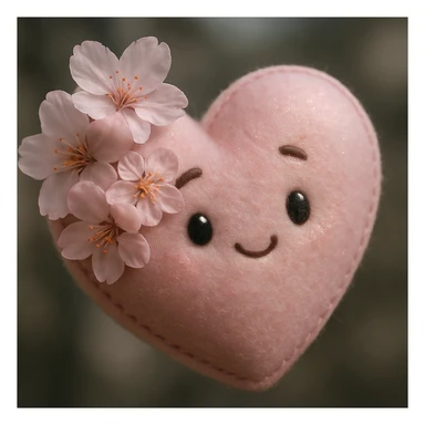 heart with sakura flowers and pink shimmer, plush portrait style sticker