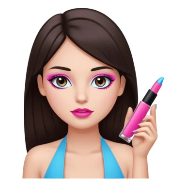generate a pretty fair bratz girl with dark brown eyes, dark brown hair straight long. Wearing a hot pink halter neck top.  pink lipgloss. light blue eyeshadow sticker