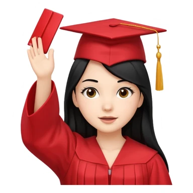 white girl with straight black hair, red graduation cap and gown, throwing cap in the air sticker