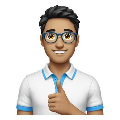 happy young man in his 20s, with black hair, blue eyes and light blue round glasses, white polo shirt with blue collar, pointing with his finger to the side sticker