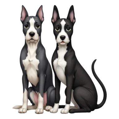 Adult Black and white great dane dog with cropped ears sitting with a small black and white cat sticker