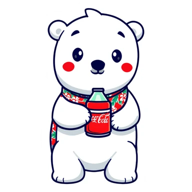 polar bear in a colorful Hawaiian shirt with Coke bottle pattern, sipping Coca-Cola sticker