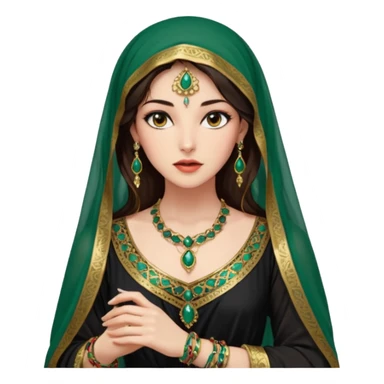 Mujer joven, morena, de gran belleza y porte misterioso.
 mirada intensa y fija; labios marcados.
 Negro, largo, suele ir cubierto parcialmente por un velo
 Ropa de inspiración árabe: túnica colorida (rojo, dorado, verde esmeralda), con detalles dorados o lentejuelas; brazaletes y pendientes. sticker