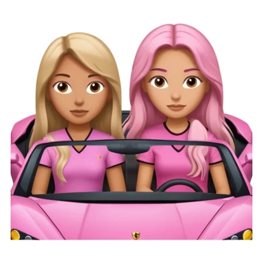 Make car far away so I can see full car Car facing forward in sports car. Make hair long  One girl isFront of car sitting in the seats. Make it a pink sports car. They are two baddies make it a Lamborghini pink car  sticker