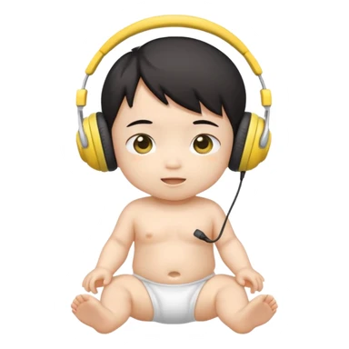 aan asian cute baby in a white diaper and yellow headphones sticker