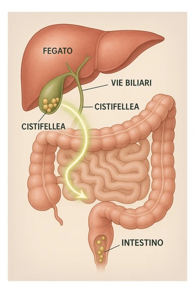 A realistic, educational medical illustration showing the human digestive tract focusing on the liver, gallbladder, bile ducts, and intestines. The gallbladder is depicted with small gallstones inside. A soft glowing arrow indicates the flow of bile and small stones moving naturally from the gallbladder through the bile ducts into the intestines. In the colon, small softened gallstones are shown being prepared for elimination, symbolizing their removal through bowel movements. The style is clean, precise, and clear with soft anatomical colors (greens, soft reds, and yellows) and faint glowing arrows to illustrate the process. The background is a subtle neutral gradient to keep the focus on the organs and the pathway. The image conveys the concept of natural gallstone elimination through the intestines via the stool in a clear, non-graphic, and educational way in italiano sticker