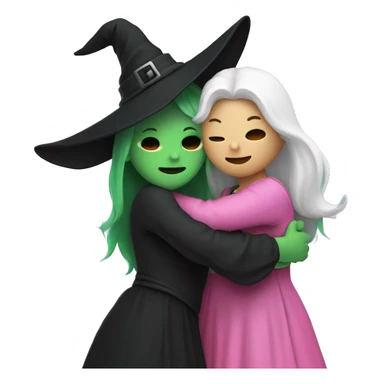 Witch dressed in black with green skin hugging pink dressed white witch sticker