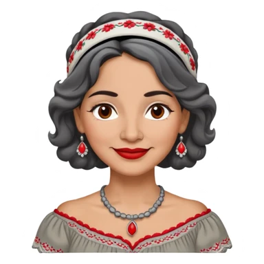 Latina woman, 50 years old, warm light brown skin, round face, wavy black and gray hair, red and white headband, medium eyes, thin eyebrows, kind smile, gray peasant blouse, embroidery, bare shoulders, large dark necklace sticker