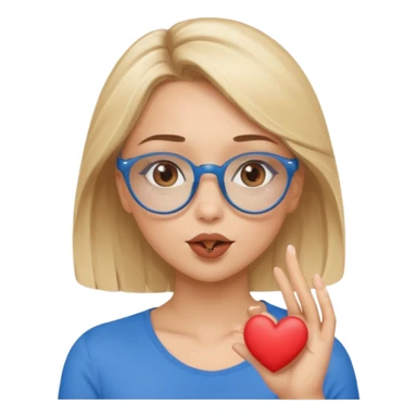 Asthectic Blonde women with brown eyes, blue glasses, waering a brown top, blowing a kiss with a small heart around her. sticker