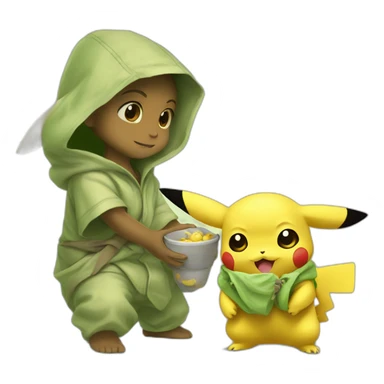 Pikachu playing with baby yoda sticker