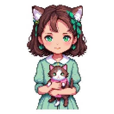 character with dark brown hair clipped back with a hairpin, sweet eyes, pink clothing, holding a cat sticker