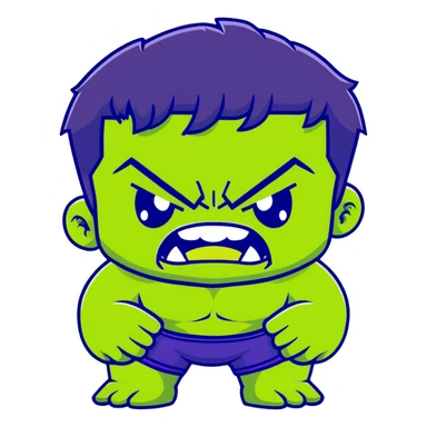 Chibi Hulk, cute small proportions, big head, tiny body, adorable angry expression, green skin, purple shorts sticker