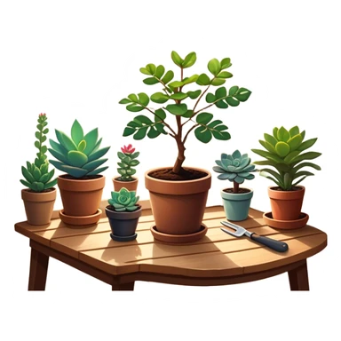 Close-up of a potted sapling in rich soil surrounded by vibrant plants and succulents. Bright sunlight filters through the window, casting soft shadows. Nearby gardening tools rest on a wooden table. Cozy indoor atmosphere with greenery and flowers. sticker