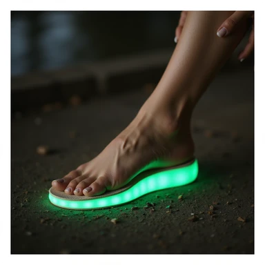 realistic style woman in relaxed position, orthopedic insole in shoe, foot with glowing green halo, satisfied smile, natural environment sticker