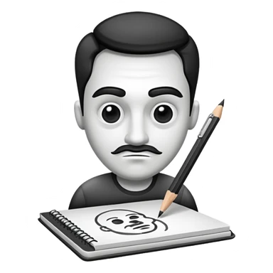Create an icon representing the process of creating a black-and-white caricature. Include a pencil, a sketchpad with a humorous, exaggerated figure, and inking tools. Use bold lines and shading, with a transparent background. sticker
