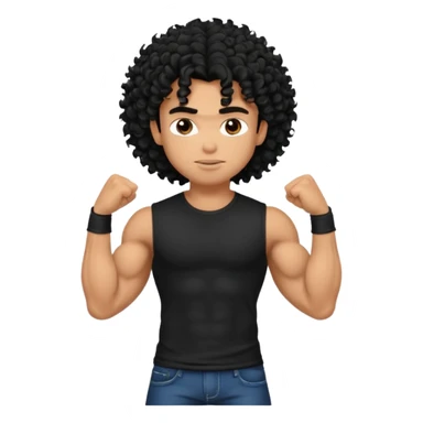 a pretty bratz guy with curly black hair with big muscles and shaggy hair in a tight black tee sticker