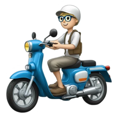 blone boy with eyeglasses and cap driving blue honda supercub sticker