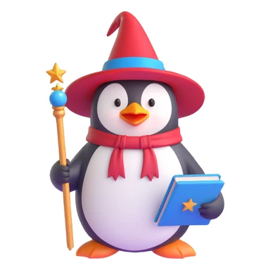 ios 3D style emoji of a penguin wizard with a red hat and wand, holding a magic book sticker