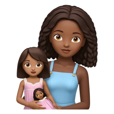 Boneca digital em estilo 3D realista e fofo, semelhante a uma boneca colecionável. Mulher jovem com pele negra, olhos castanhos escuros, cabelo liso cor chocolate, longo e bem alinhado.  sticker