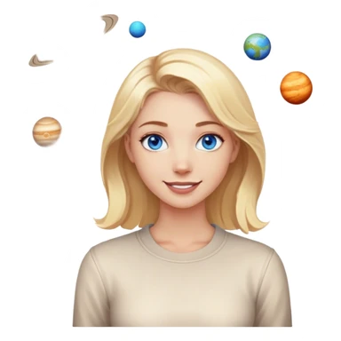 A blonde with blue eyes and a friendly smile stands while the planets spin sticker