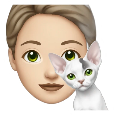 White brunette woman with green eyes holding slim white devon rex with light blue eyes sticker