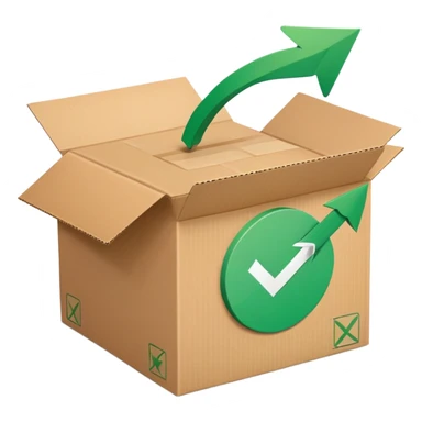 closed package box with a green checkmark and a circular arrow overlay in the upper right sticker