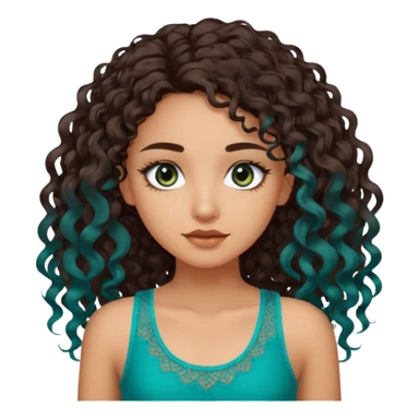 Girl with olive skin, teal eyes, dark brown  loose curly long hair, lacey tank top sticker