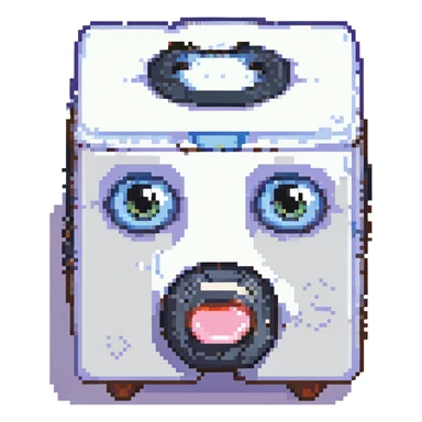 cube with expressive eyes and mouth, reminiscent of retro video games, bold outlines sticker