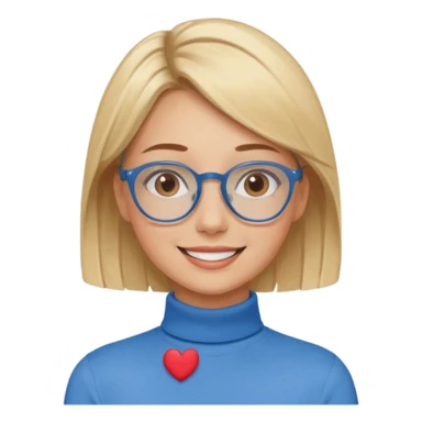 Asthectic pretty Blonde women brown eyes, blue glasses, wearing a brown polo neck shirt and smiling with little hearts around her. sticker