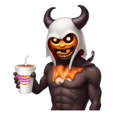 a demon holding a dunkin donuts coffee cup sticker