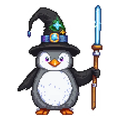 Penguin dressed as a wizard with a magical wand and pointy wizard hat sticker