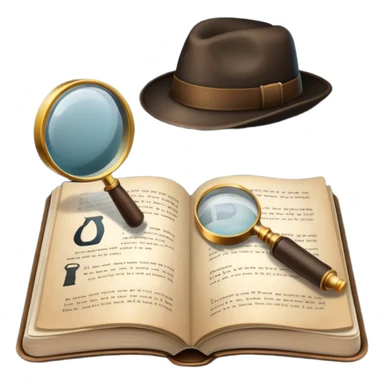 Icon for Detective Reading: an open book with text and one magnifying glass, a detective’s hat and a notebook with clues, surrounded by dark shadows and mysterious elements like footprints. Transparent background. sticker