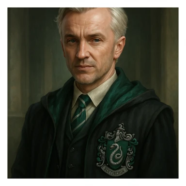 37-year-old Draco Malfoy, confident expression, silver hair, Slytherin colors, fantasy character sticker