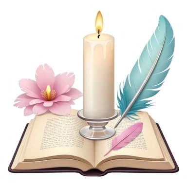 Aesthetic candle, feather quill in ink glass, open book, flower petals sticker