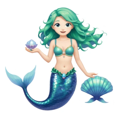 Full body of a mermaid with long flowing sea-green hair, shimmering blue-scaled tail, shell bra, holding a pearl in one hand, smiling softly, front-facing, surrounded by glowing sea particles, fantasy style sticker