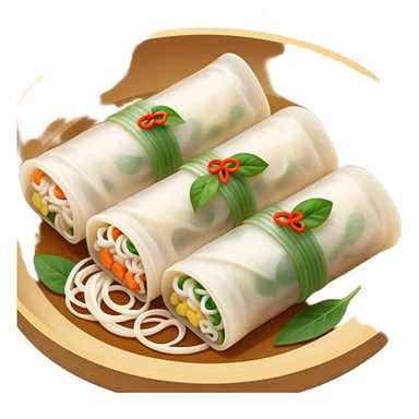 Hangzhou Pian Er Chuan thin rice noodle rolls with fillings, simplified emoji style with bold outlines and bright colors, cartoon style Zhejiang specialty resembling Cheung Fun sticker