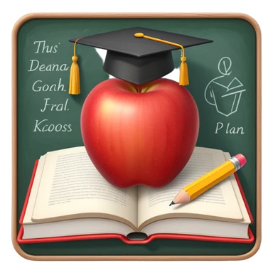 An icon featuring an open book, a pencil, and an apple, symbolizing education and pedagogy. The design includes a chalkboard with a lesson plan and a graduation cap, representing teaching and learning. Transparent background highlights the nurturing of knowledge and growth. sticker